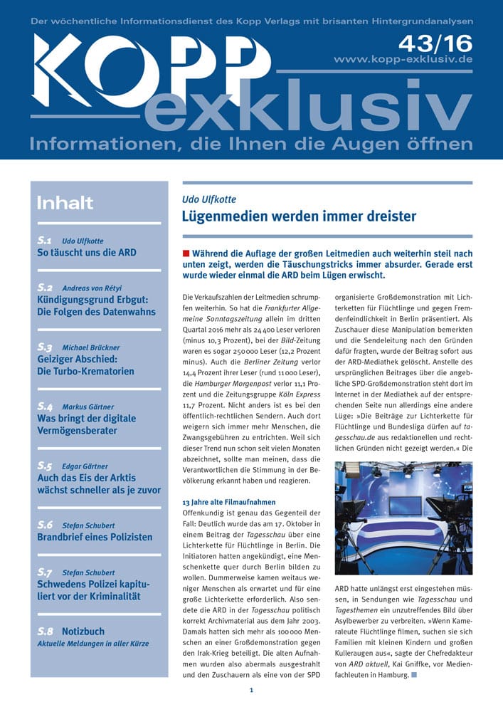 Während die Auflage der großen Leitmedien auch weiterhin steil nach unten zeigt, werden die Täuschungstricks immer absurder. Gerade erst wurde wieder einmal die ARD beim Lügen erwischt.