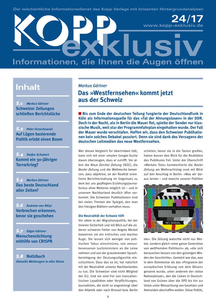 Bis zum Ende der deutschen Teilung fungierte der Deutschlandfunk in Köln als Informationsquelle für das »Tal der Ahnungslosen« in der DDR. Doch in der Nacht, als in Berlin die Mauer fiel, spielte der Sender nur klassische Musik, weil stur der Programmfahrplan eingehalten wurde. Der Fall der Mauer wurde verschlafen. Hoffen wir, dass den Schweizer Publikationen kein solches Debakel passiert. Denn sie sind dank des Versagens der deutschen Leitmedien das neue Westfernsehen.