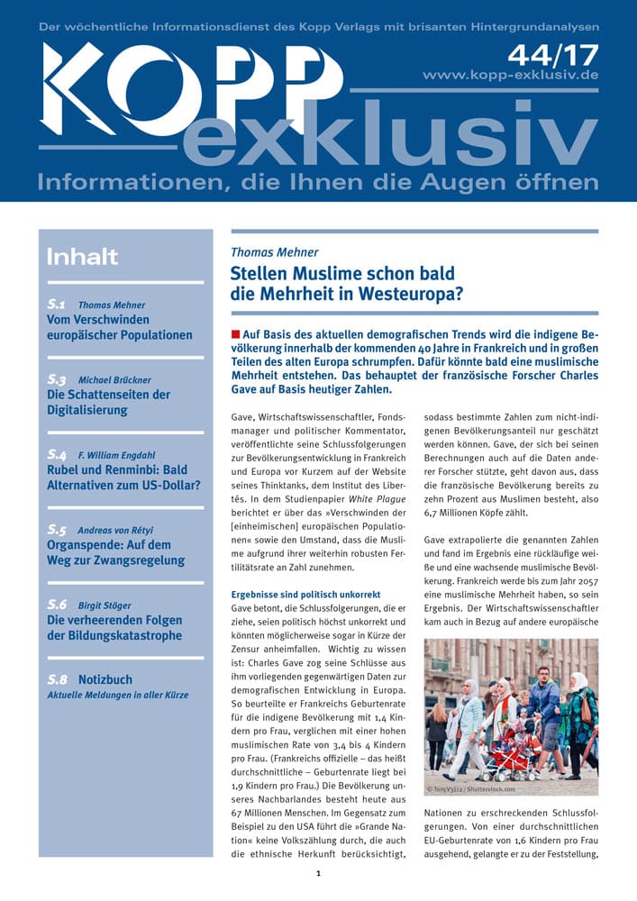 Auf Basis des aktuellen demografischen Trends wird die indigene Bevölkerung innerhalb der kommenden 40 Jahre in Frankreich und in großen Teilen des alten Europa schrumpfen. Dafür könnte bald eine muslimische Mehrheit entstehen. Das behauptet der französische Forscher Charles Gave auf Basis heutiger Zahlen.