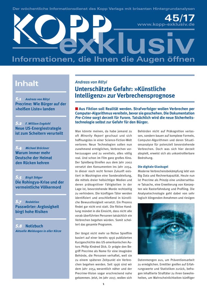 Aus Fiktion soll Realität werden. Strafverfolger wollen Verbrechen per Computer-Algorithmus vereiteln, bevor sie geschehen. Die Dokumentation Pre-Crime sorgt derzeit für Furore. Tatsächlich wird die neue Sicherheitstechnologie selbst zur Gefahr für den Bürger.