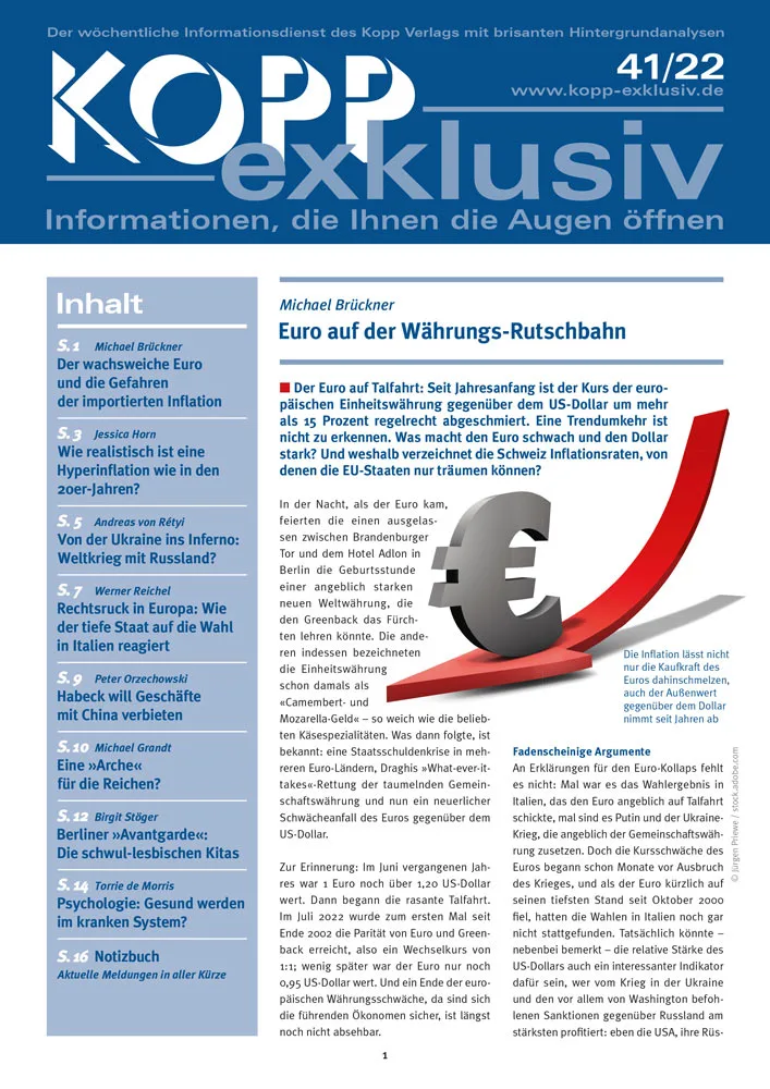 Der Euro auf Talfahrt: Seit Jahresanfang ist der Kurs der europäischen Einheitswährung gegenüber dem US-Dollar um mehr als 15 Prozent regelrecht abgeschmiert. Eine Trendumkehr ist nicht zu erkennen. Was macht den Euro schwach und den Dollar stark? Und weshalb verzeichnet die Schweiz Inflationsraten, von denen die EU-Staaten nur träumen können?