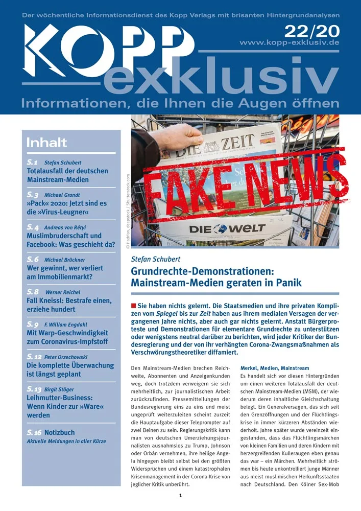 Sie haben nichts gelernt. Die Staatsmedien und ihre privaten Komplizen vom Spiegel bis zur Zeit haben aus ihrem medialen Versagen der vergangenen Jahre nichts, aber auch gar nichts gelernt. Anstatt Bürgerproteste und Demonstrationen für elementare Grundrechte zu unterstützen oder wenigstens neutral darüber zu berichten, wird jeder Kritiker der Bundesregierung und der von ihr verhängten Corona-Zwangsmaßnahmen als Verschwörungstheoretiker diffamiert.