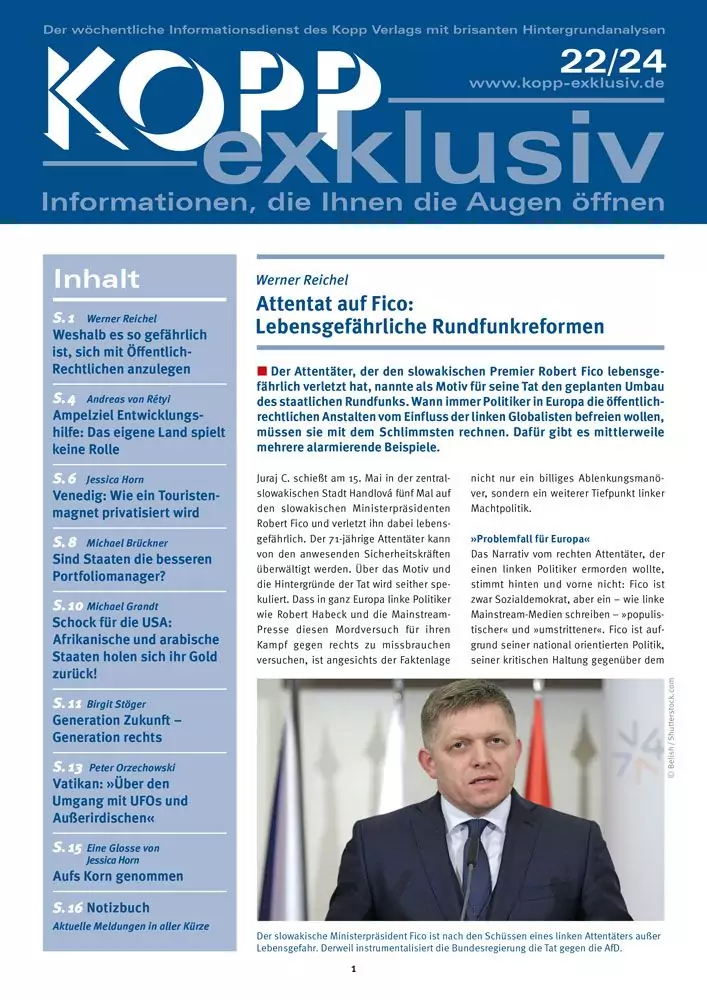 Der Attentäter, der den slowakischen Premier Robert Fico lebensgefährlich verletzt hat, nannte als Motiv für seine Tat den geplanten Umbau des staatlichen Rundfunks. Wann immer Politiker in Europa die öffentlichrechtlichen Anstalten vom Einfluss der linken Globalisten befreien wollen, müssen sie mit dem Schlimmsten rechnen. Dafür gibt es mittlerweile mehrere alarmierende Beispiele.