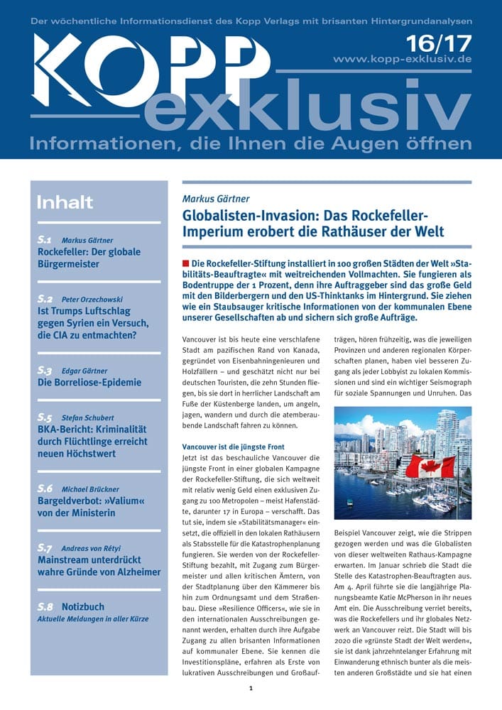 Die Rockefeller-Stiftung installiert in 100 großen Städten der Welt »Stabilitäts- Beauftragte« mit weitreichenden Vollmachten. Sie fungieren als Bodentruppe der 1 Prozent, denn ihre Auftraggeber sind das große Geld mit den Bilderbergern und den US-Thinktanks im Hintergrund. Sie ziehen wie ein Staubsauger kritische Informationen von der kommunalen Ebene unserer Gesellschaften ab und sichern sich große Aufträge.