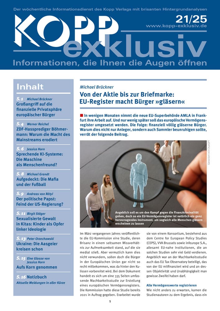 In wenigen Monaten nimmt die neue EU-Superbehörde AMLA in Frankfurt ihre Arbeit auf. Und nur wenig später soll das europäische Vermögensregister umgesetzt werden. Die Folge: finanziell völlig gläserne Bürger. Warum dies nicht nur Anleger, sondern auch Sammler beunruhigen sollte, verrät der folgende Beitrag.