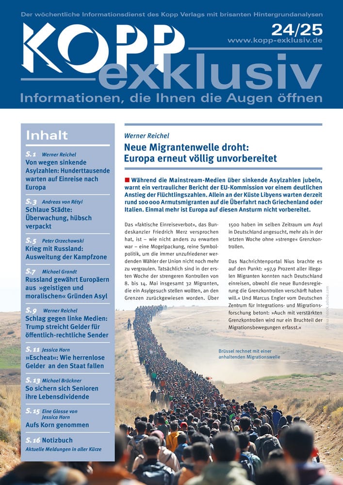 Während die Mainstream-Medien über sinkende Asylzahlen jubeln, warnt ein vertraulicher Bericht der EU-Kommission vor einem deutlichen Anstieg der Flüchtlingszahlen. Allein an der Küste Libyens warten derzeit rund 100 000 Armutsmigranten auf die Überfahrt nach Griechenland oder Italien. Einmal mehr ist Europa auf diesen Ansturm nicht vorbereitet.