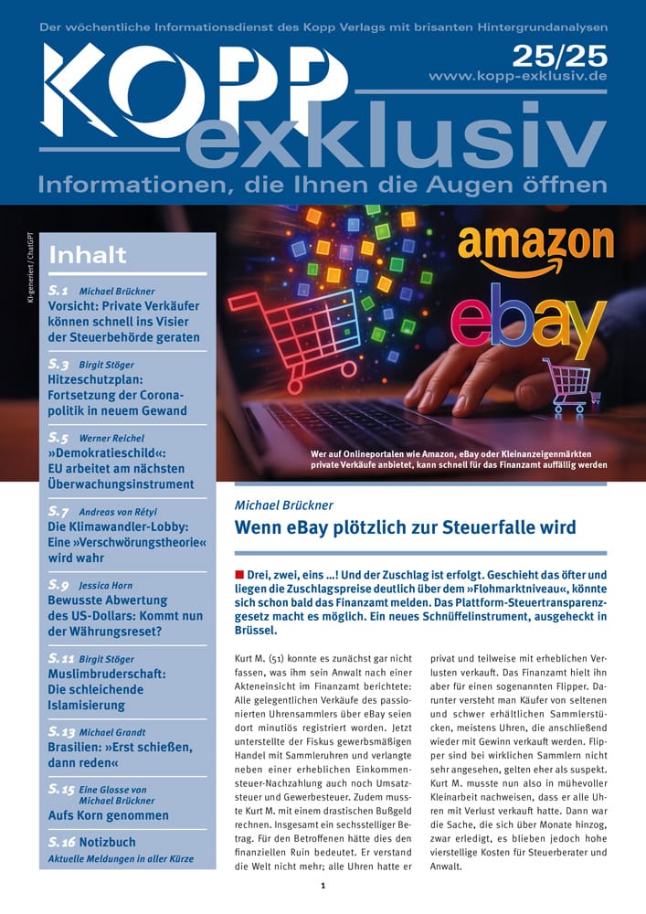 Drei, zwei, eins …! Und der Zuschlag ist erfolgt. Geschieht das öfter und liegen die Zuschlagspreise deutlich über dem »Flohmarktniveau«, könnte sich schon bald das Finanzamt melden. Das Plattform-Steuertransparenzgesetz macht es möglich. Ein neues Schnüffelinstrument, ausgeheckt in Brüssel.