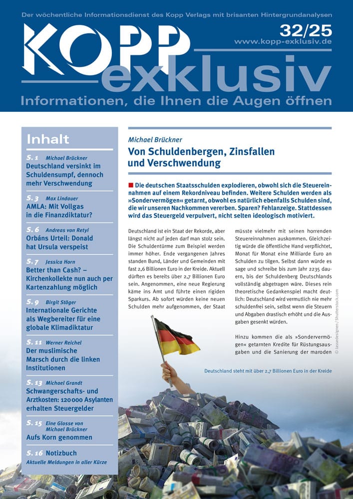 Die deutschen Staatsschulden explodieren, obwohl sich die Steuereinnahmen auf einem Rekordniveau befinden. Weitere Schulden werden als »Sondervermögen« getarnt, obwohl es natürlich ebenfalls Schulden sind, die wir unseren Nachkommen vererben. Sparen? Fehlanzeige. Stattdessen wird das Steuergeld verpulvert, nicht selten ideologisch motiviert.