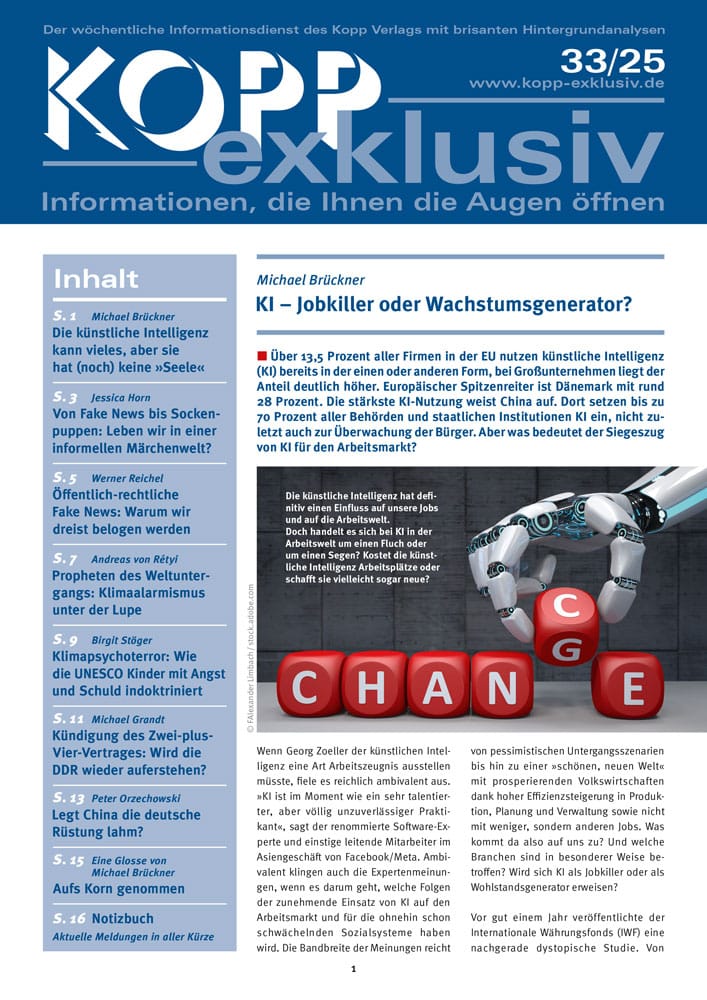 Über 13,5 Prozent aller Firmen in der EU nutzen künstliche Intelligenz (KI) bereits in der einen oder anderen Form, bei Großunternehmen liegt der Anteil deutlich hoher. Europäischer Spitzenreiter ist Dänemark mit rund 28 Prozent. Die stärkste KI-Nutzung weist China auf. Dort setzen bis zu 70 Prozent aller Behörden und staatlichen Institutionen KI ein, nicht zuletzt auch zur Überwachung der Burger. Aber was bedeutet der Siegeszug von KI für den Arbeitsmarkt?