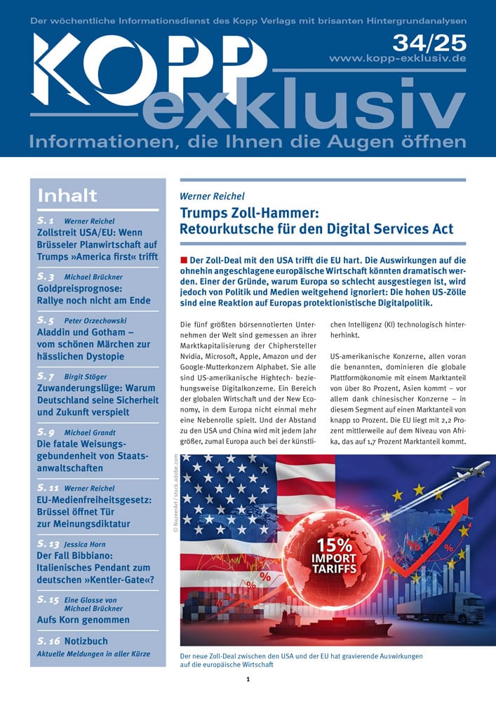 Der Zoll-Deal mit den USA trifft die EU hart. Die Auswirkungen auf die ohnehin angeschlagene europäische Wirtschaft könnten dramatisch werden. Einer der Gründe, warum Europa so schlecht ausgestiegen ist, wird jedoch von Politik und Medien weitgehend ignoriert: Die hohen US-Zölle sind eine Reaktion auf Europas protektionistische Digitalpolitik.