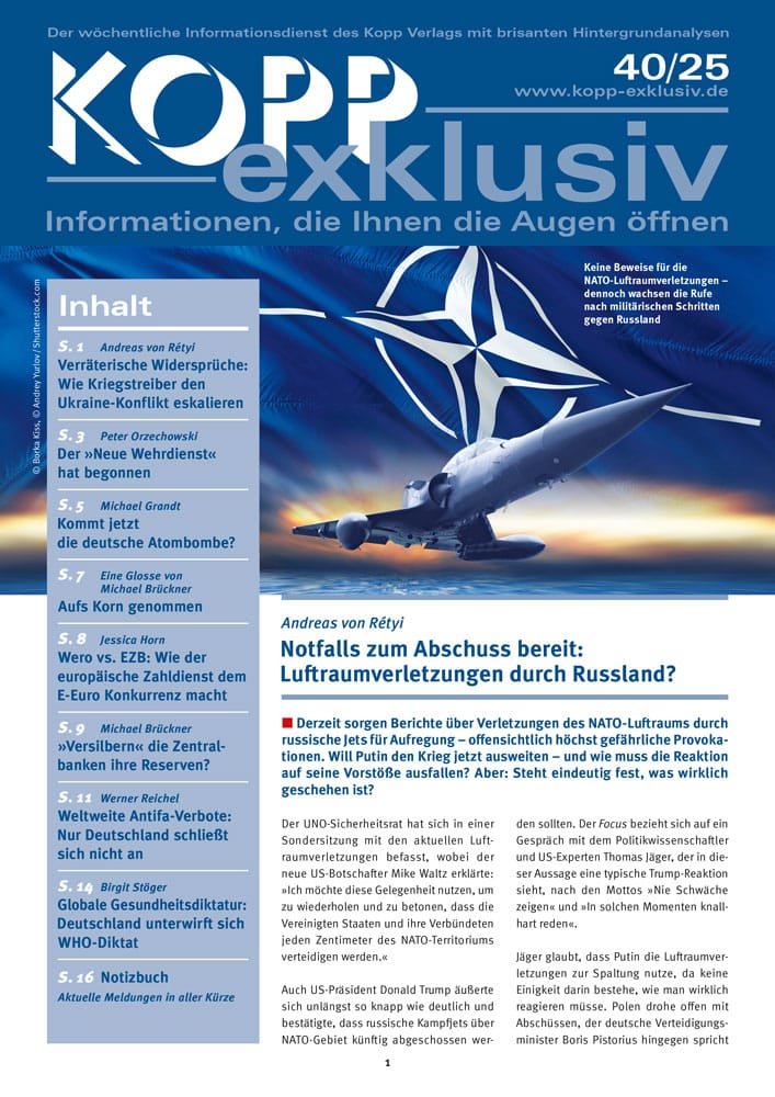 Derzeit sorgen Berichte über Verletzungen des NATO-Luftraums durch russische Jets für Aufregung – offensichtlich höchst gefährliche Provokationen. Will Putin den Krieg jetzt ausweiten – und wie muss die Reaktion auf seine Vorstöße ausfallen? Aber: Steht eindeutig fest, was wirklich geschehen ist?