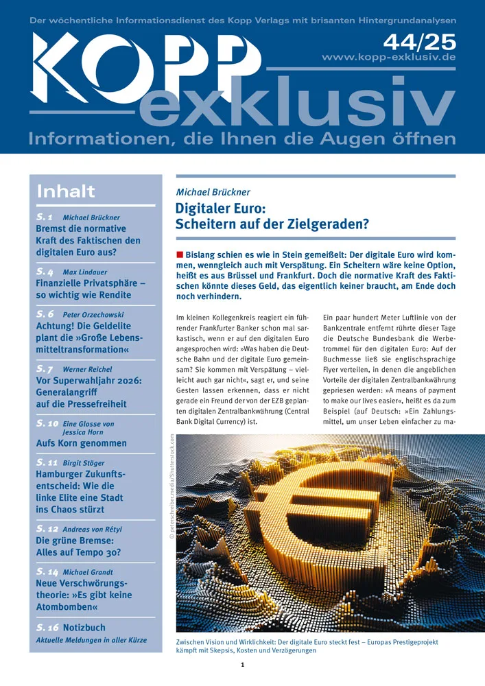Bislang schien es wie in Stein gemeißelt: Der digitale Euro wird kommen, wenngleich auch mit Verspätung. Ein Scheitern wäre keine Option, heißt es aus Brüssel und Frankfurt. Doch die normative Kraft des Faktischen könnte dieses Geld, das eigentlich keiner braucht, am Ende doch noch verhindern.