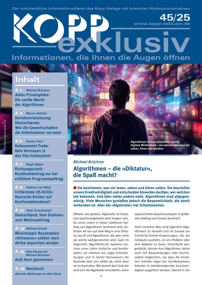 Sie bestimmen, was wir lesen, sehen und hören sollen. Sie beurteilen unsere Kreditwürdigkeit und entscheiden bisweilen darüber, wer welchen Job bekommt. Und über vieles andere mehr. Algorithmen sind allgegenwärtig. Viele Menschen genießen jedoch die Bequemlichkeit, die damit verbunden ist. Aber die »Algokratie« hat Schattenseiten.