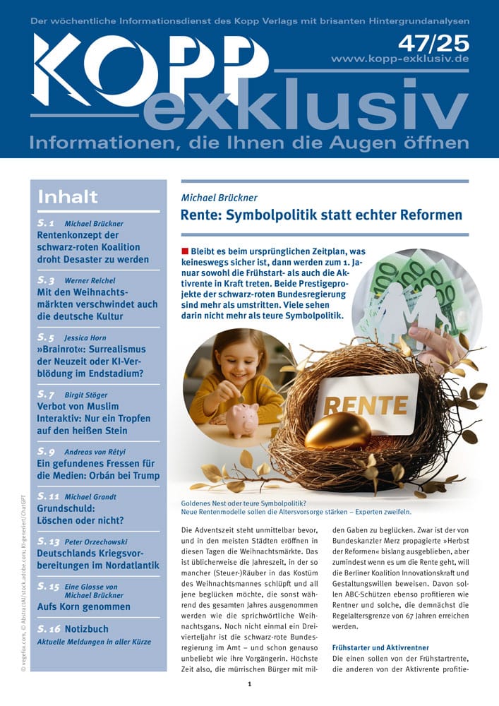 Bleibt es beim ursprünglichen Zeitplan, was keineswegs sicher ist, dann werden zum 1. Januar sowohl die Frühstart- als auch die Aktivrente in Kraft treten. Beide Prestigeprojekte der schwarz-roten Bundesregierung sind mehr als umstritten. Viele sehen darin nicht mehr als teure Symbolpolitik.