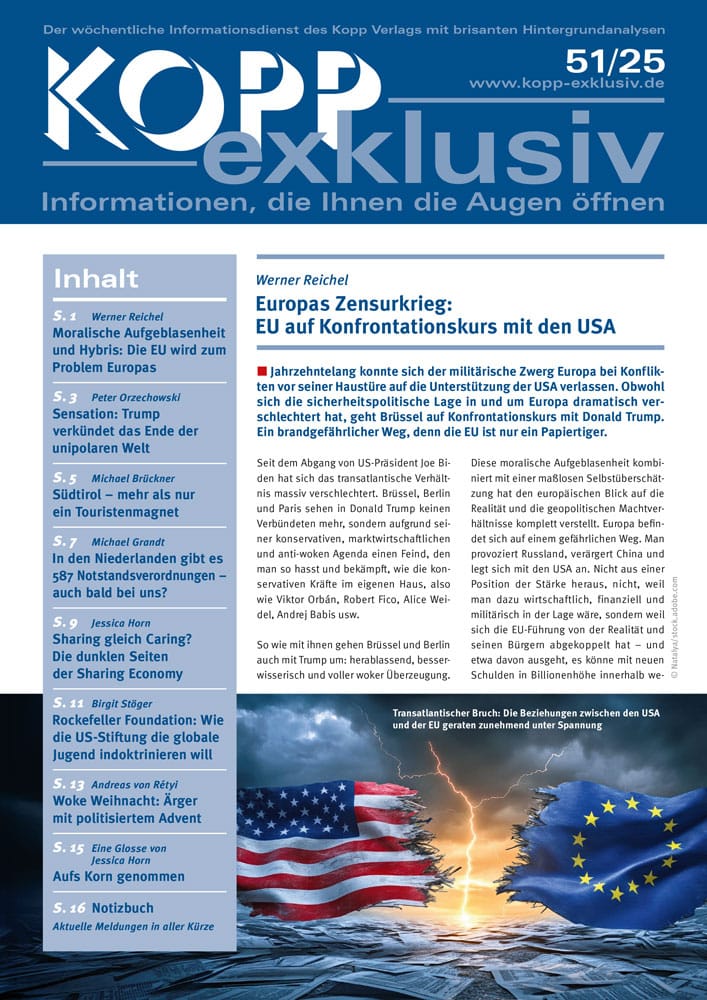 Jahrzehntelang konnte sich der militärische Zwerg Europa bei Konflikten vor seiner Haustüre auf die Unterstützung der USA verlassen. Obwohl sich die sicherheitspolitische Lage in und um Europa dramatisch verschlechtert hat, geht Brüssel auf Konfrontationskurs mit Donald Trump. Ein brandgefährlicher Weg, denn die EU ist nur ein Papiertiger.