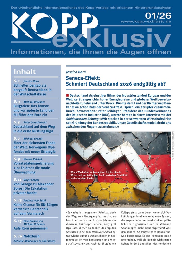 Deutschland als einstiger führender Industriestandort Europas und der Welt gerät angesichts hoher Energiepreise und globaler Wettbewerbsnachteile zunehmend unter Druck. Könnte dem Land der Dichter und Denker etwa schon bald der Seneca-Effekt, sprich: ein abrupter Zusammenbruch, bevorstehen? Peter Leibinger, Präsident des Bundesverbandes der Deutschen Industrie (BDI), warnte bereits in einem Interview mit der Süddeutschen Zeitung: »Wir stecken in der schwersten Wirtschaftskrise seit Gründung der Bundesrepublik. Unser Gesellschaftsmodell droht uns zwischen den Fingern zu zerrinnen.«