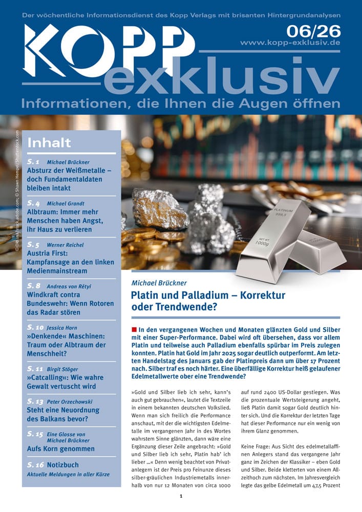 In den vergangenen Wochen und Monaten glänzten Gold und Silber mit einer Super-Performance. Dabei wird oft übersehen, dass vor allem Platin und teilweise auch Palladium ebenfalls spürbar im Preis zulegen konnten. Platin hat Gold im Jahr 2025 sogar deutlich outperformt. Am letzten Handelstag des Januars gab der Platinpreis dann um über 17 Prozent nach. Silber traf es noch härter. Eine überfällige Korrektur heiß gelaufener Edelmetallwerte ober eine Trendwende?