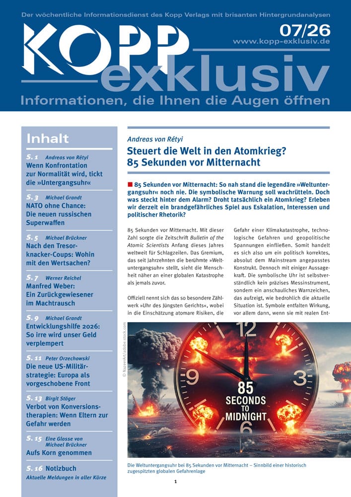 85 Sekunden vor Mitternacht: So nah stand die legendäre ≫Weltuntergangsuhr≪ noch nie. Die symbolische Warnung soll wachrütteln. Doch was steckt hinter dem Alarm? Droht tatsachlich ein Atomkrieg? Erleben wir derzeit ein brandgefährliches Spiel aus Eskalation, Interessen und politischer Rhetorik?