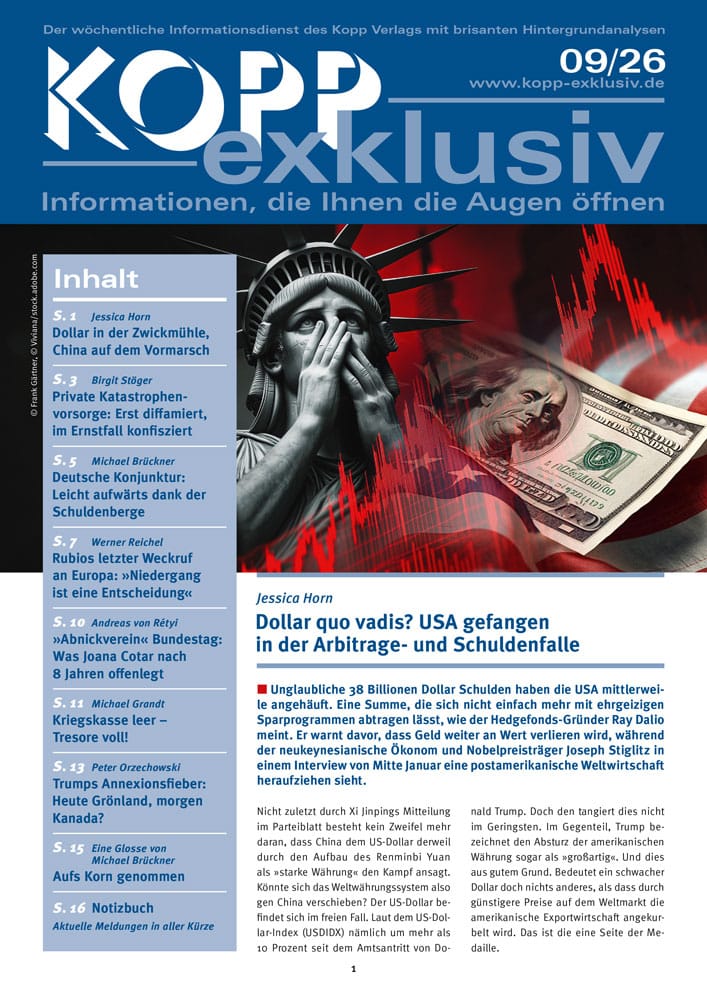 Unglaubliche 38 Billionen Dollar Schulden haben die USA mittlerweile angehäuft. Eine Summe, die sich nicht einfach mehr mit ehrgeizigen Sparprogrammen abtragen lässt, wie der Hedgefonds-Gründer Ray Dalio meint. Er warnt davor, dass Geld weiter an Wert verlieren wird, während der neukeynesianische Ökonom und Nobelpreisträger Joseph Stiglitz in einem Interview von Mitte Januar eine postamerikanische Weltwirtschaft heraufziehen sieht.