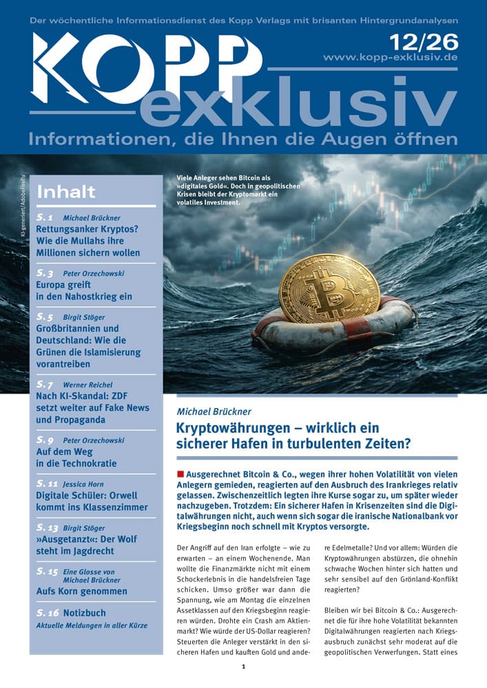 Ausgerechnet Bitcoin & Co., wegen ihrer hohen Volatilität von vielen Anlegern gemieden, reagierten auf den Ausbruch des Irankrieges relativ gelassen. Zwischenzeitlich legten ihre Kurse sogar zu, um später wieder nachzugeben. Trotzdem: Ein sicherer Hafen in Krisenzeiten sind die Digitalwährungen nicht, auch wenn sich sogar die iranische Nationalbank vor Kriegsbeginn noch schnell mit Kryptos versorgte.