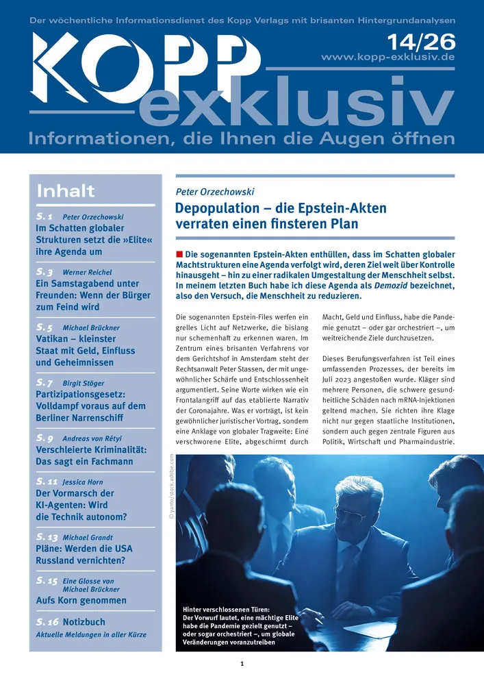 Die sogenannten Epstein-Akten enthüllen, dass im Schatten globaler Machtstrukturen eine Agenda verfolgt wird, deren Ziel weit über Kontrolle hinausgeht – hin zu einer radikalen Umgestaltung der Menschheit selbst. In meinem letzten Buch habe ich diese Agenda als Demozid bezeichnet, also den Versuch, die Menschheit zu reduzieren.