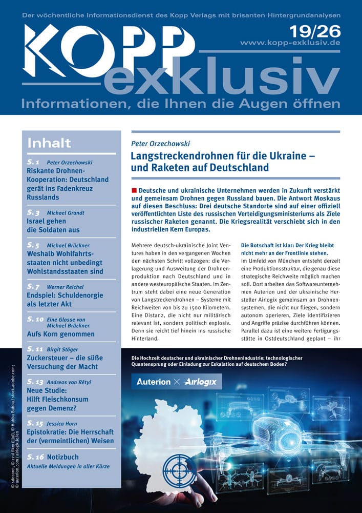 Deutsche und ukrainische Unternehmen werden in Zukunft verstärkt und gemeinsam Drohnen gegen Russland bauen. Die Antwort Moskaus auf diesen Beschluss: Drei deutsche Standorte sind auf einer offiziell veröffentlichten Liste des russischen Verteidigungsministeriums als Ziele russischer Raketen genannt. Die Kriegsrealität verschiebt sich in den industriellen Kern Europas.